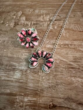 Rose Dahlia Necklace and Ring Set 925 Sterling Silver